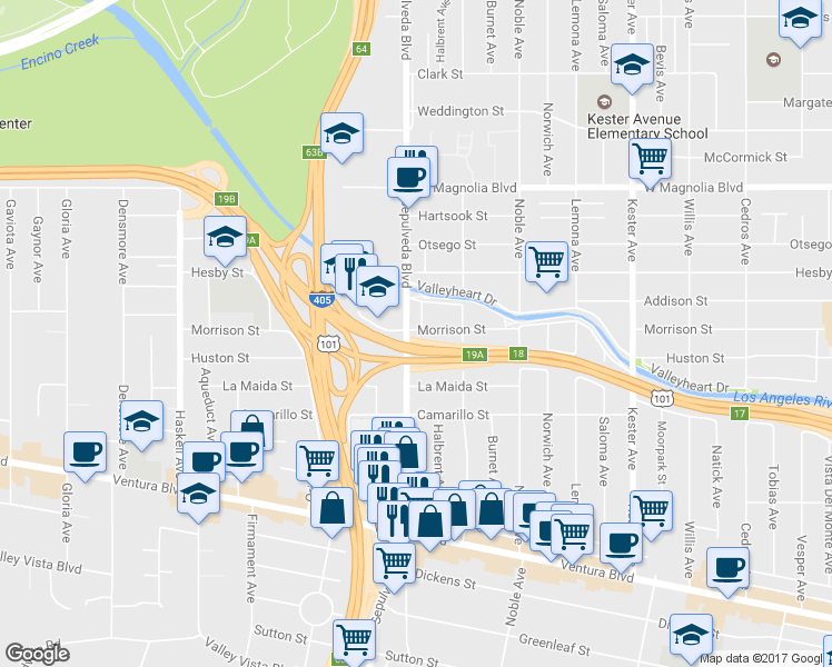 map of restaurants, bars, coffee shops, grocery stores, and more near 15234 Morrison Street in Los Angeles
