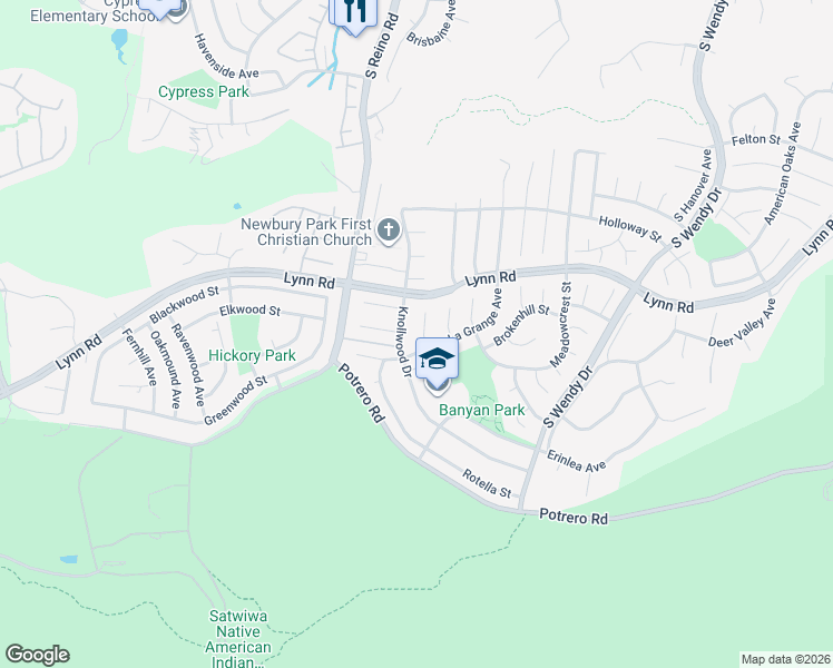 map of restaurants, bars, coffee shops, grocery stores, and more near 1024 Knollwood Drive in Thousand Oaks