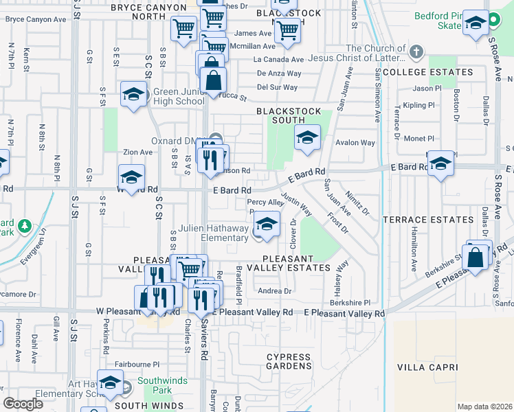 map of restaurants, bars, coffee shops, grocery stores, and more near 425 Percy Street in Oxnard
