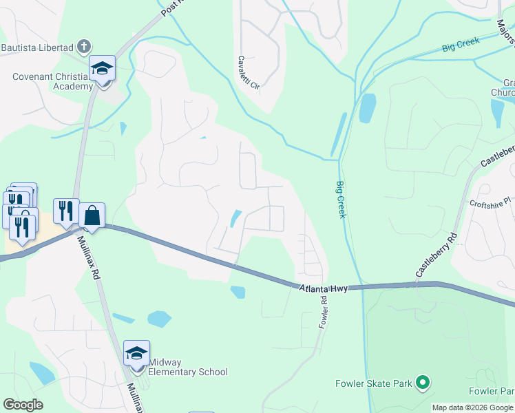 map of restaurants, bars, coffee shops, grocery stores, and more near 4830 Waterbrooke Crossing in Alpharetta