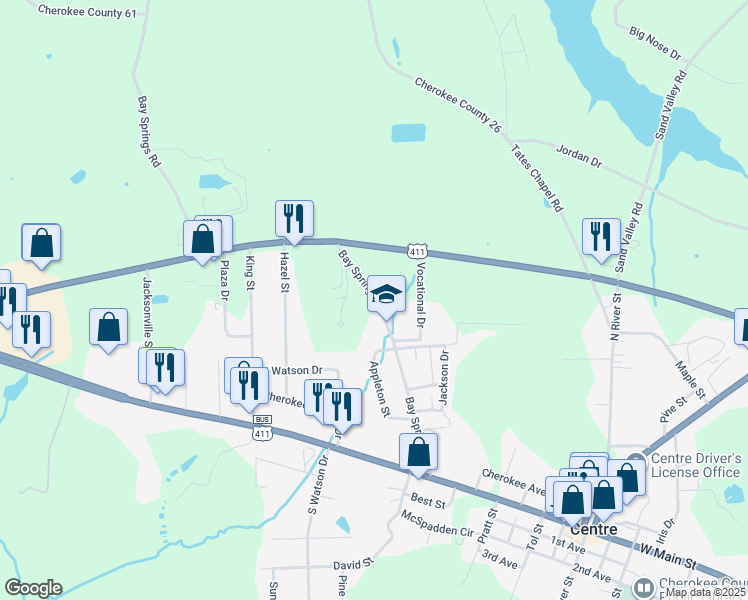 map of restaurants, bars, coffee shops, grocery stores, and more near 651 Bay Springs Road in Centre