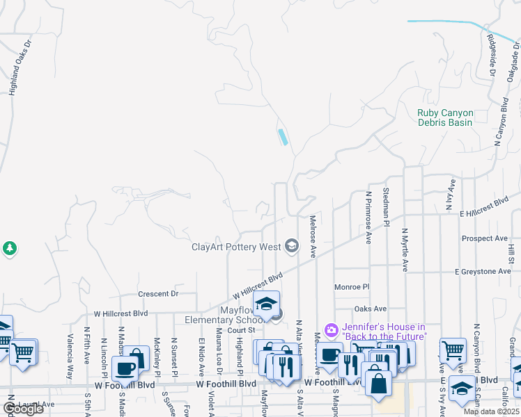 map of restaurants, bars, coffee shops, grocery stores, and more near 412 Cloverleaf Way in Monrovia