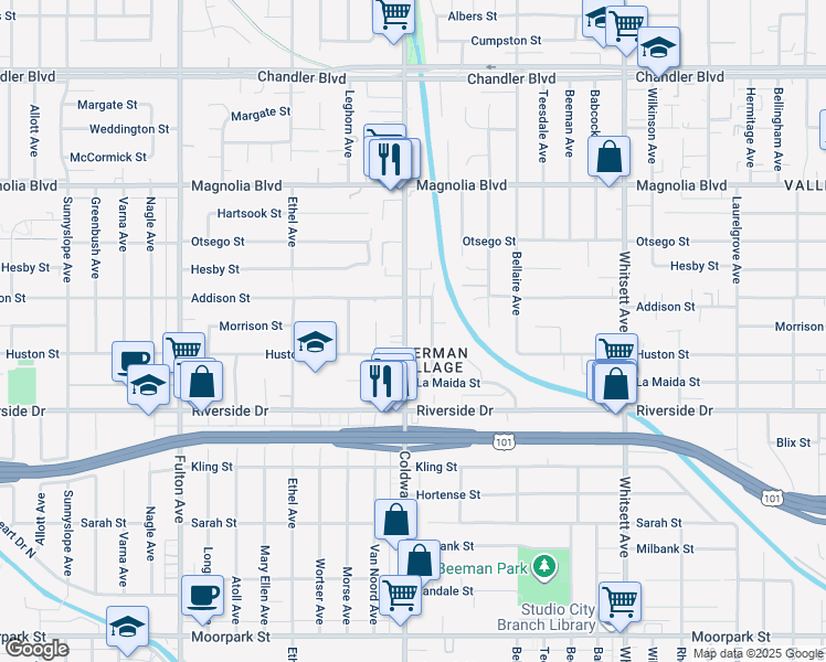 map of restaurants, bars, coffee shops, grocery stores, and more near 4901 Alcove Avenue in Los Angeles