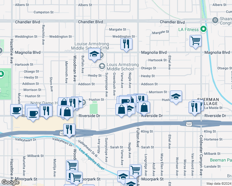 map of restaurants, bars, coffee shops, grocery stores, and more near 4926 Greenbush Avenue in Los Angeles