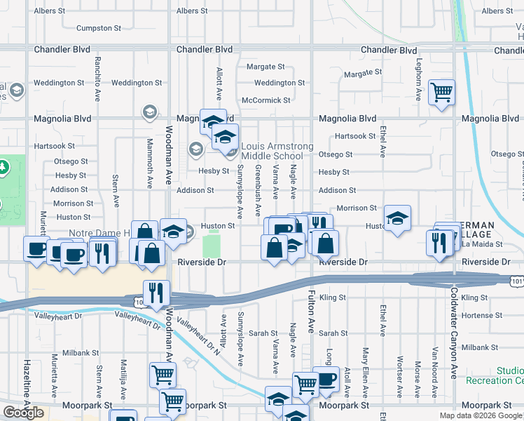 map of restaurants, bars, coffee shops, grocery stores, and more near 4926 Greenbush Avenue in Los Angeles