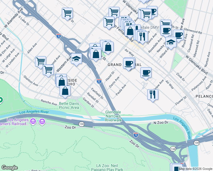 map of restaurants, bars, coffee shops, grocery stores, and more near 1415 Cosmic Way in Glendale