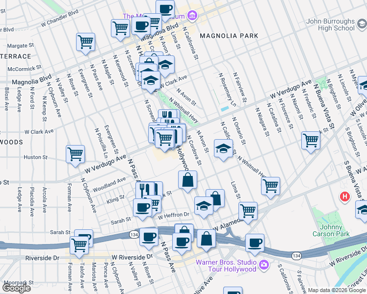 map of restaurants, bars, coffee shops, grocery stores, and more near 526 North Hollywood Way in Burbank