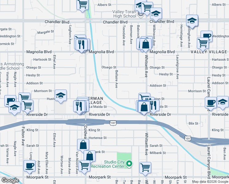 map of restaurants, bars, coffee shops, grocery stores, and more near 4903 Bellaire Avenue in Los Angeles