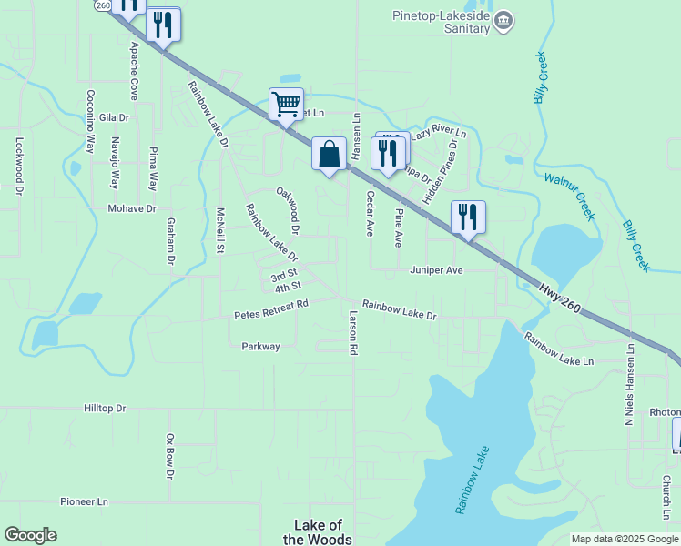 map of restaurants, bars, coffee shops, grocery stores, and more near 3268 Rainbow Lake Drive in Navajo County
