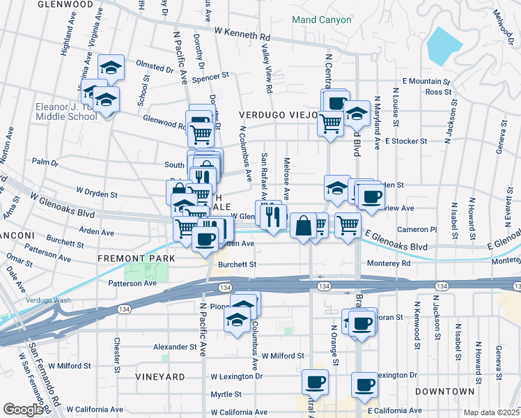 map of restaurants, bars, coffee shops, grocery stores, and more near 400 West Glenoaks Boulevard in Glendale