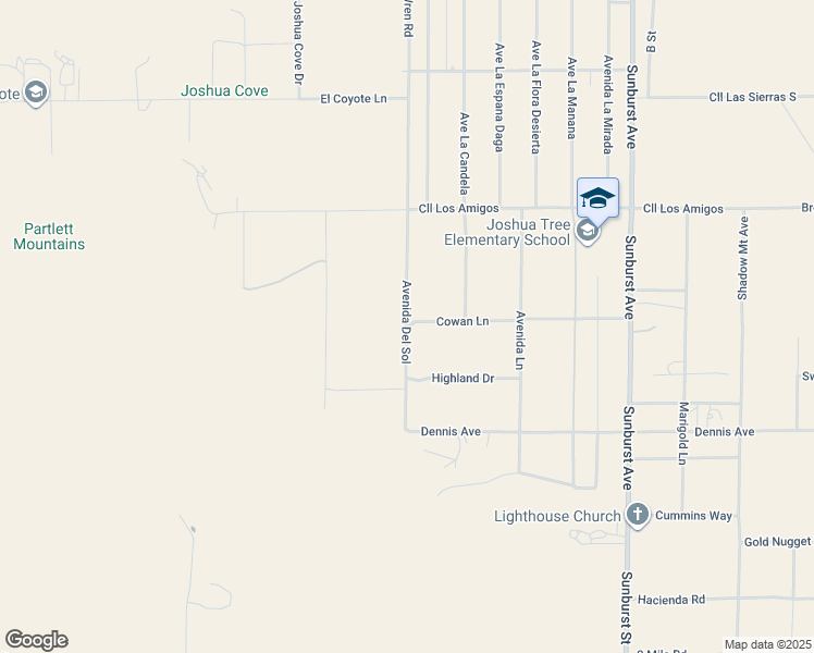 map of restaurants, bars, coffee shops, grocery stores, and more near 61769 Cowan Lane in Joshua Tree