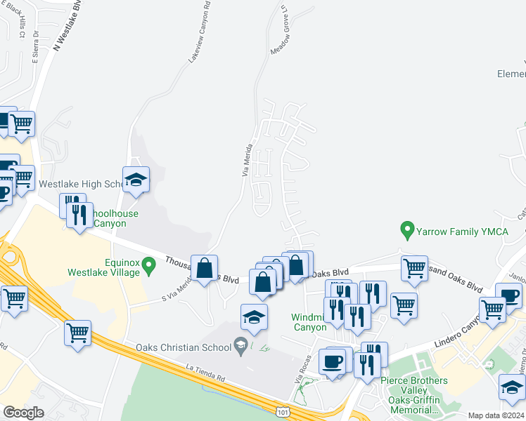 map of restaurants, bars, coffee shops, grocery stores, and more near 1129 Via Colinas in Westlake Village