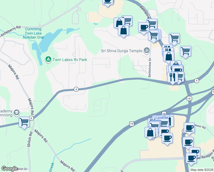 map of restaurants, bars, coffee shops, grocery stores, and more near 2765 Atlanta Highway in Cumming