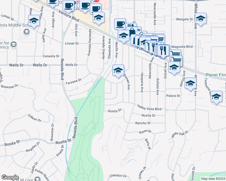 map of restaurants, bars, coffee shops, grocery stores, and more near 4950 Dobkin Avenue in Los Angeles