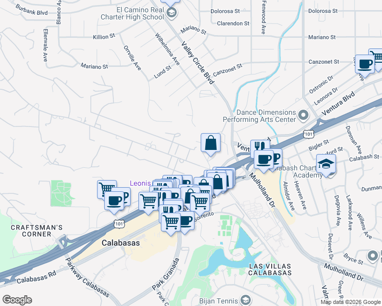map of restaurants, bars, coffee shops, grocery stores, and more near 23615 Long Valley Road in Hidden Hills