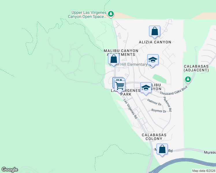 map of restaurants, bars, coffee shops, grocery stores, and more near 5733 Las Virgenes Road in Calabasas