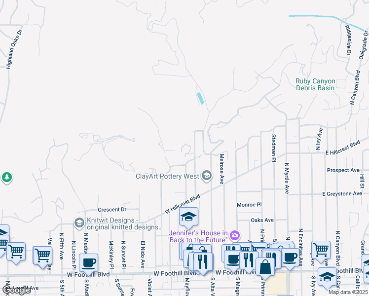 map of restaurants, bars, coffee shops, grocery stores, and more near 412 Cloverleaf Way in Monrovia