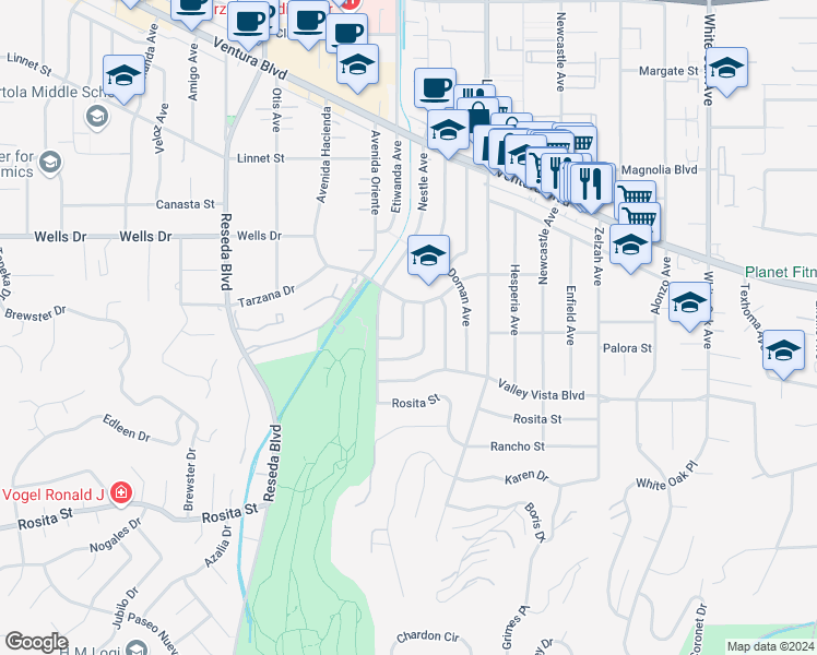 map of restaurants, bars, coffee shops, grocery stores, and more near 4950 Dobkin Avenue in Los Angeles