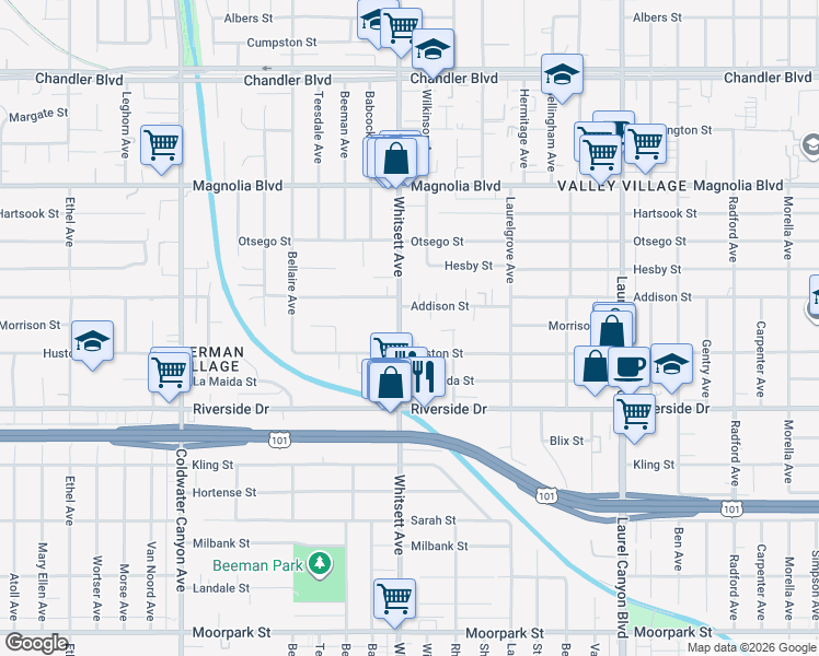 map of restaurants, bars, coffee shops, grocery stores, and more near 4905 Whitsett Avenue in Los Angeles
