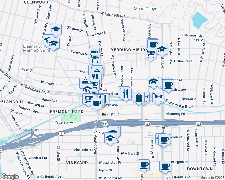 map of restaurants, bars, coffee shops, grocery stores, and more near 400 West Glenoaks Boulevard in Glendale