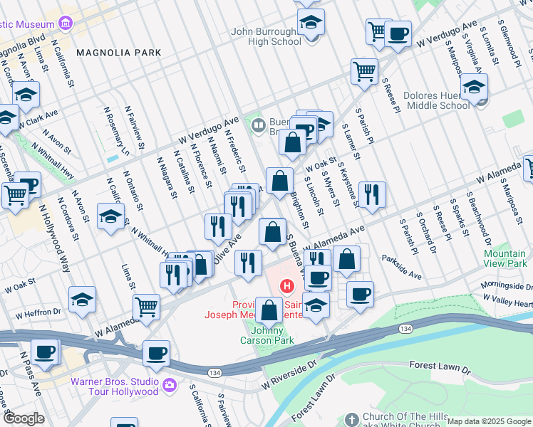 map of restaurants, bars, coffee shops, grocery stores, and more near 2600 West Olive Avenue in Burbank