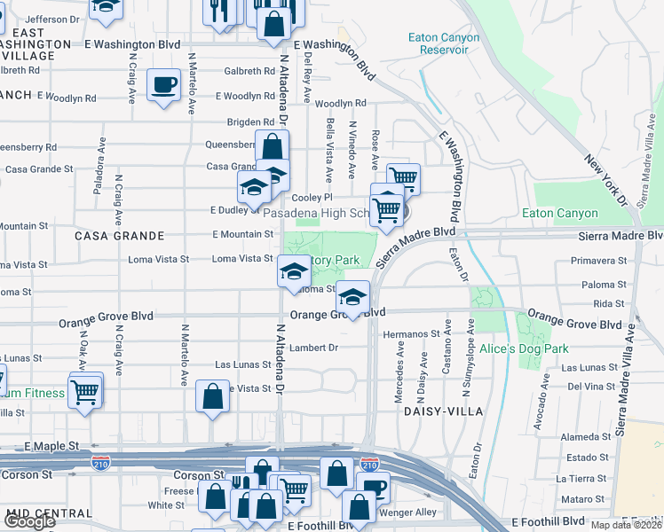 map of restaurants, bars, coffee shops, grocery stores, and more near 2575 Paloma Street in Pasadena