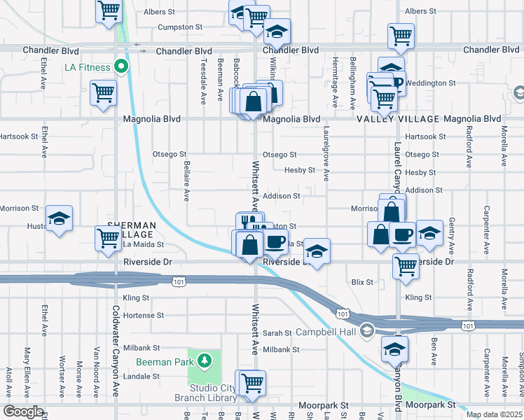 map of restaurants, bars, coffee shops, grocery stores, and more near 4930 Whitsett Avenue in Los Angeles
