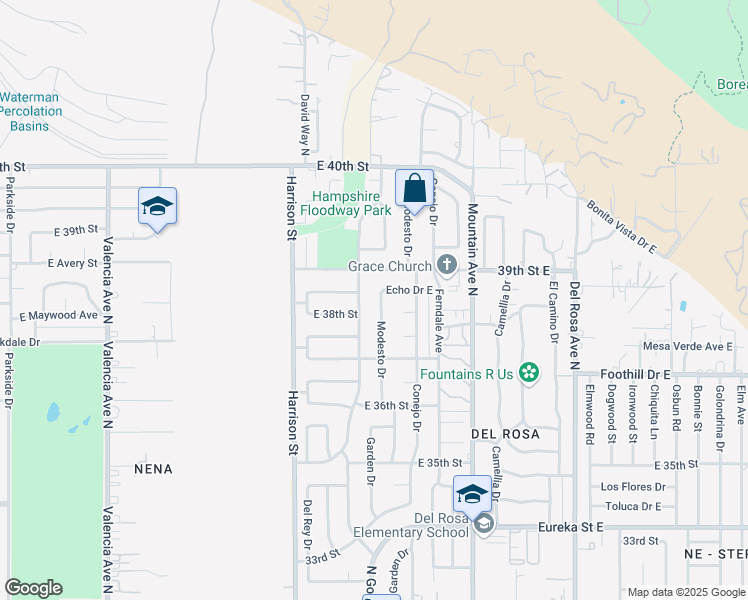map of restaurants, bars, coffee shops, grocery stores, and more near 3830 Modesto Drive in San Bernardino