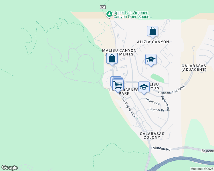 map of restaurants, bars, coffee shops, grocery stores, and more near 5741 Las Virgenes Road in Calabasas