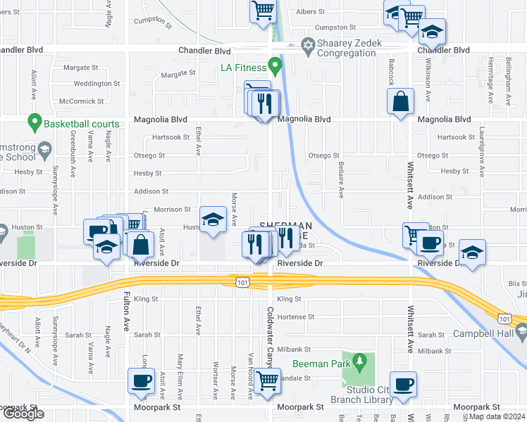 map of restaurants, bars, coffee shops, grocery stores, and more near 4931 Coldwater Canyon Avenue in Los Angeles