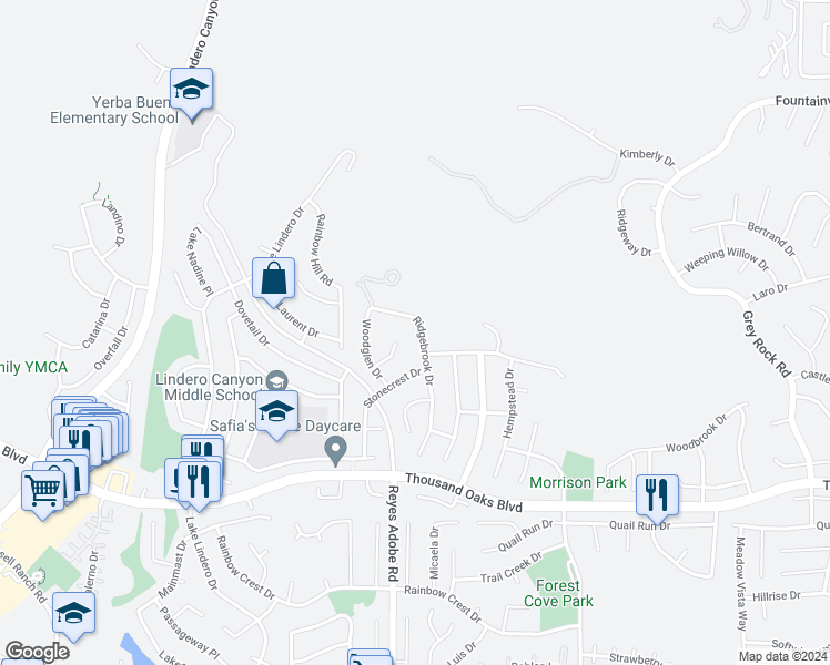 map of restaurants, bars, coffee shops, grocery stores, and more near 5861 Ridgebrook Drive in Agoura Hills