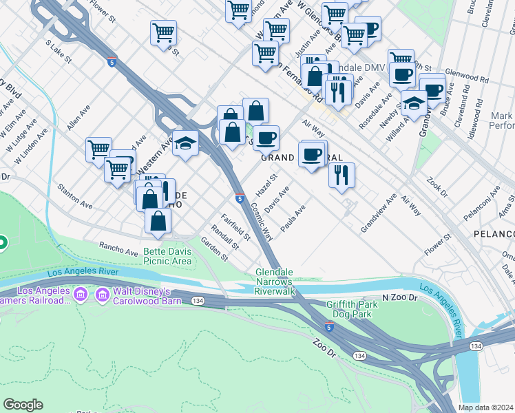 map of restaurants, bars, coffee shops, grocery stores, and more near 1415 Cosmic Way in Glendale