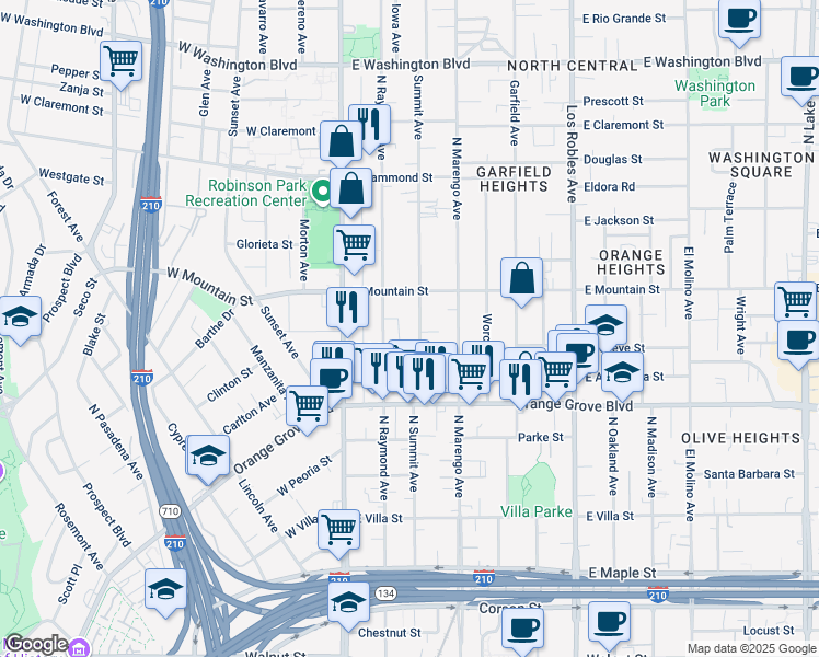 map of restaurants, bars, coffee shops, grocery stores, and more near 839 North Summit Avenue in Pasadena