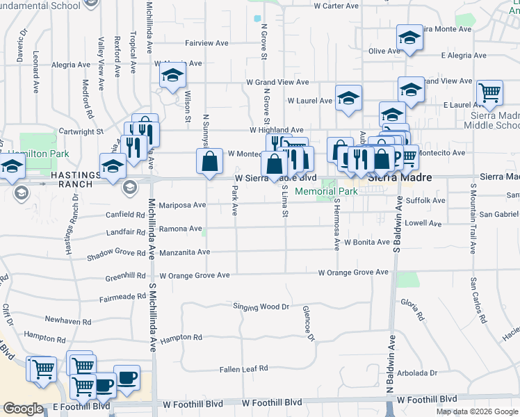 map of restaurants, bars, coffee shops, grocery stores, and more near 439 Mariposa Avenue in Sierra Madre