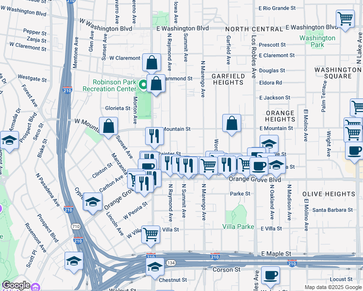 map of restaurants, bars, coffee shops, grocery stores, and more near 839 North Summit Avenue in Pasadena