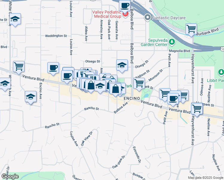 map of restaurants, bars, coffee shops, grocery stores, and more near 17034 Addison Street in Los Angeles