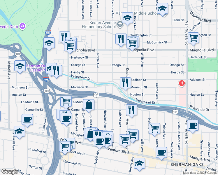 map of restaurants, bars, coffee shops, grocery stores, and more near 14948 Addison Street in Los Angeles