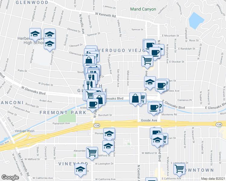 map of restaurants, bars, coffee shops, grocery stores, and more near 396 West Dryden Street in Glendale