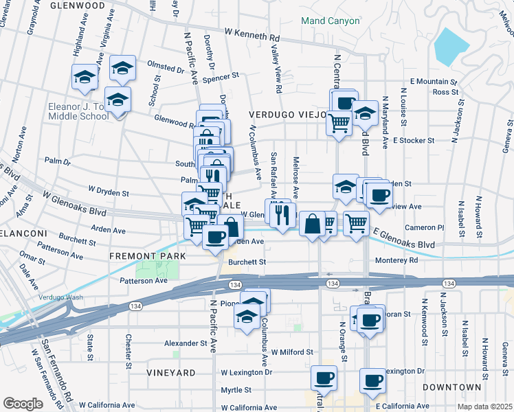 map of restaurants, bars, coffee shops, grocery stores, and more near 396 West Dryden Street in Glendale