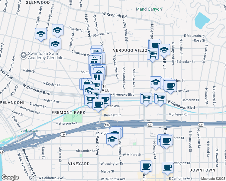 map of restaurants, bars, coffee shops, grocery stores, and more near 434 West Dryden Street in Glendale