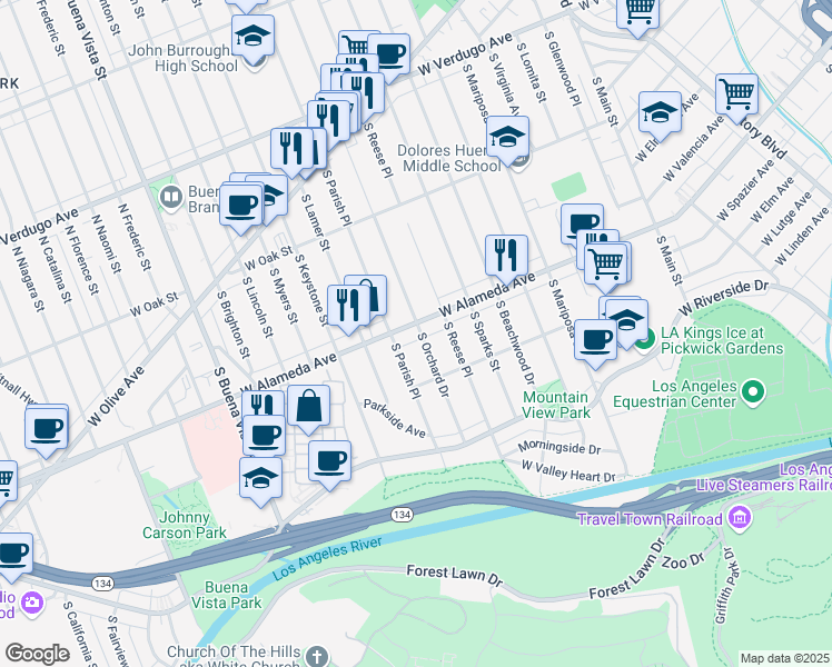 map of restaurants, bars, coffee shops, grocery stores, and more near 441 South Orchard Drive in Burbank