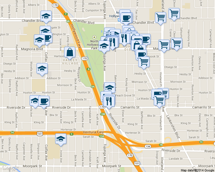 map of restaurants, bars, coffee shops, grocery stores, and more near 5002 Tujunga Avenue in Los Angeles