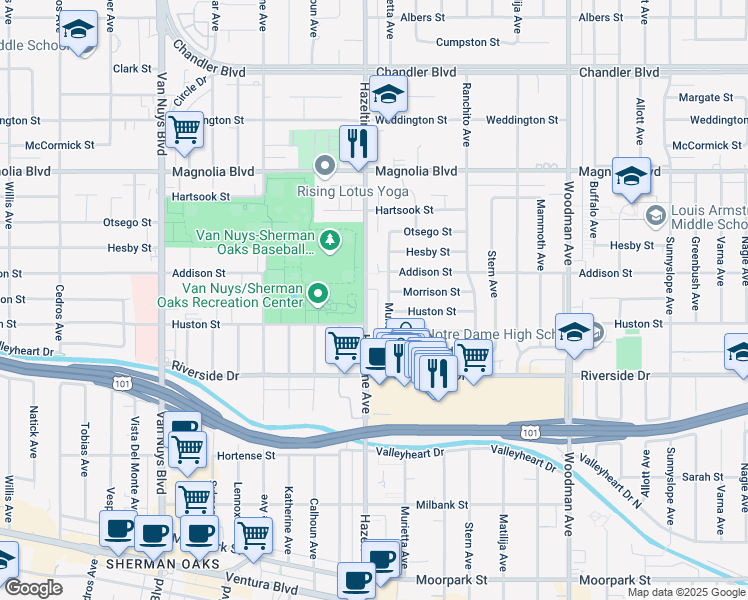 map of restaurants, bars, coffee shops, grocery stores, and more near 4960 Hazeltine Avenue in Los Angeles