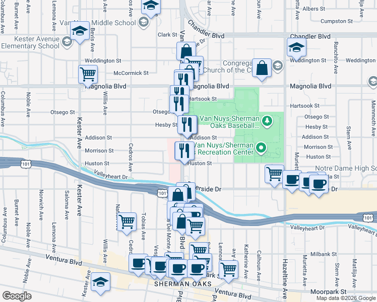 map of restaurants, bars, coffee shops, grocery stores, and more near in Los Angeles