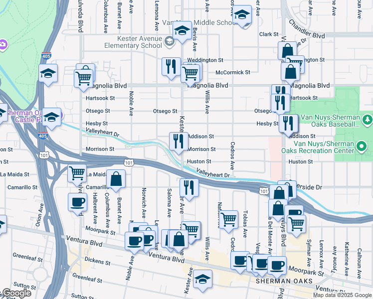 map of restaurants, bars, coffee shops, grocery stores, and more near 14838 Addison Street in Los Angeles