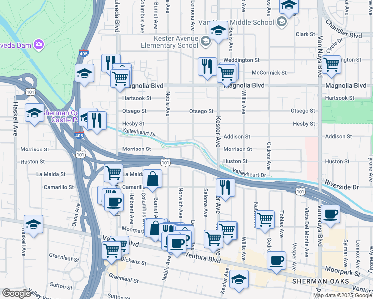 map of restaurants, bars, coffee shops, grocery stores, and more near 14975 Valleyheart Drive in Los Angeles