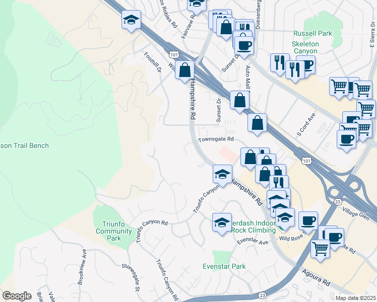map of restaurants, bars, coffee shops, grocery stores, and more near 569 Hampshire Road in Thousand Oaks