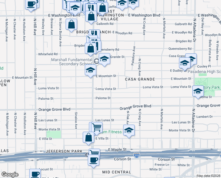 map of restaurants, bars, coffee shops, grocery stores, and more near Loma Vista Street in Pasadena