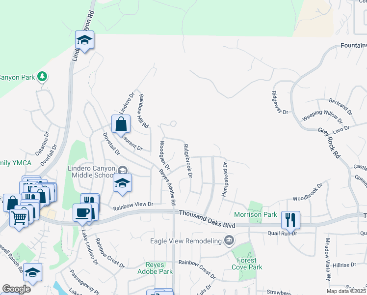 map of restaurants, bars, coffee shops, grocery stores, and more near 5873 Ridgebrook Drive in Agoura Hills