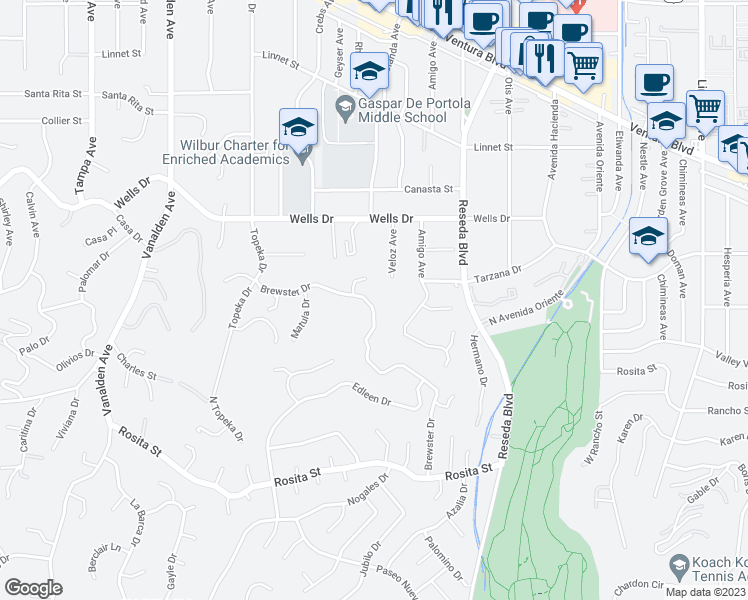 map of restaurants, bars, coffee shops, grocery stores, and more near 4854 Brewster Drive in Los Angeles